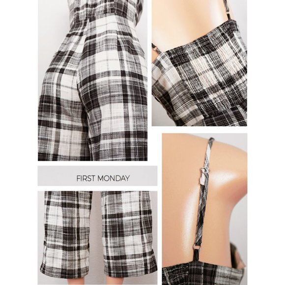 Plaid 100% Cotton Wide Leg Crop Overall Jumpsuit - Picture 5 of 8